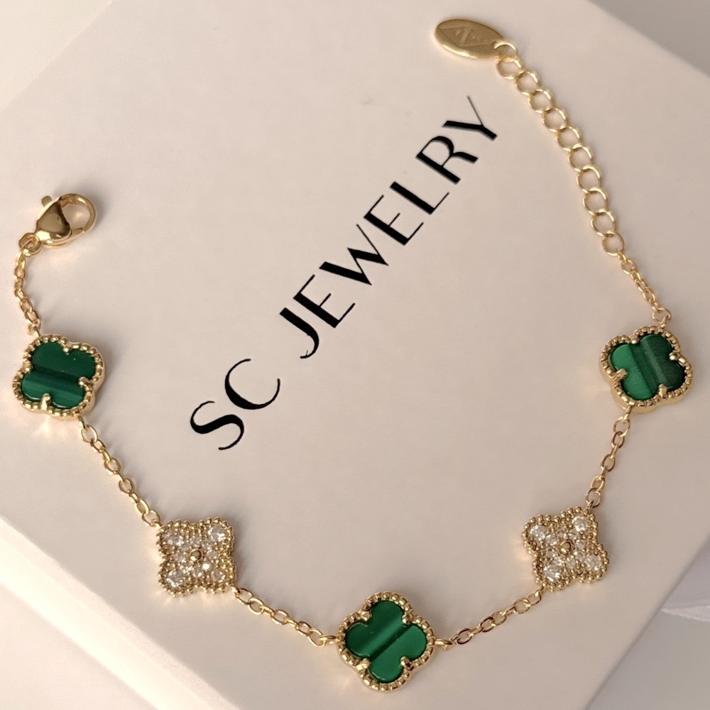 Petite Clover Malachite Bracelet 14k Gold Filled Real Zircon